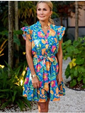 Avara Vibrant Blue Floral Tie-Waist Ruffle-Sleeve Cotton Dress